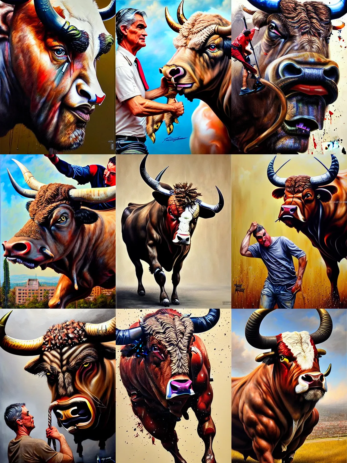 Prompt: portrait of jerome powell fighting a bull, painted by artgerm, karol bak, artur bordalo, sandra chevrier : : portrait, character, illustration, hyperrealism, photorealism