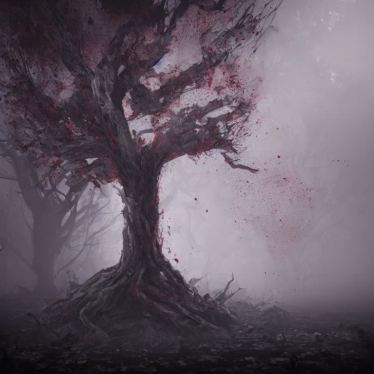 Image similar to a bloody tree as a demon on hell, dark, foggy, eerie, splash, sparkle, smoke, particles, octane render, unreal engine, artstation, digital art.