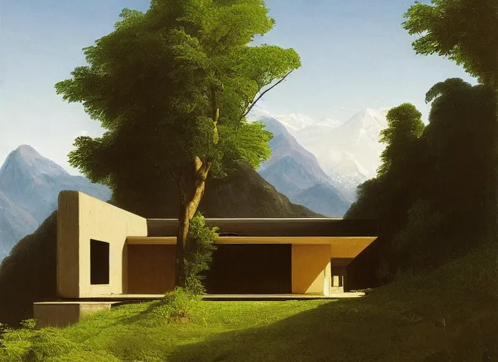 Image similar to painting of a tadao ando house in front of beautiful mountains by thomas cole