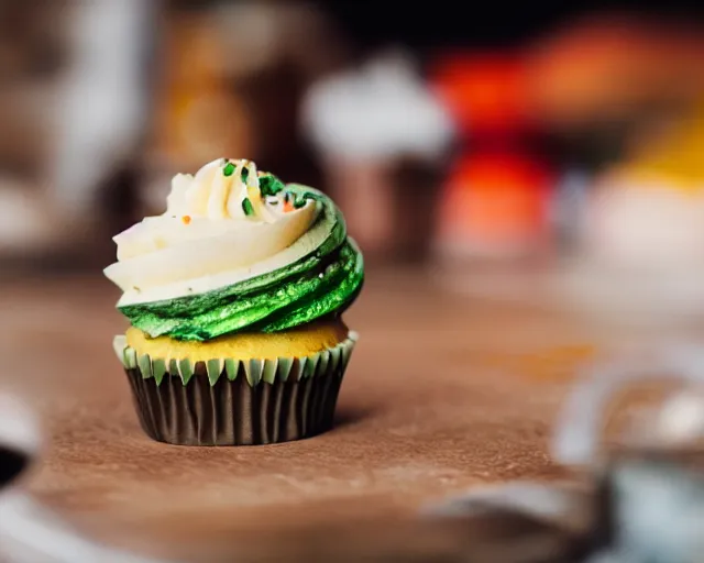 Prompt: dslr food photograph of a cupcake with a slice of pickle on top, 8 5 mm f 1. 4