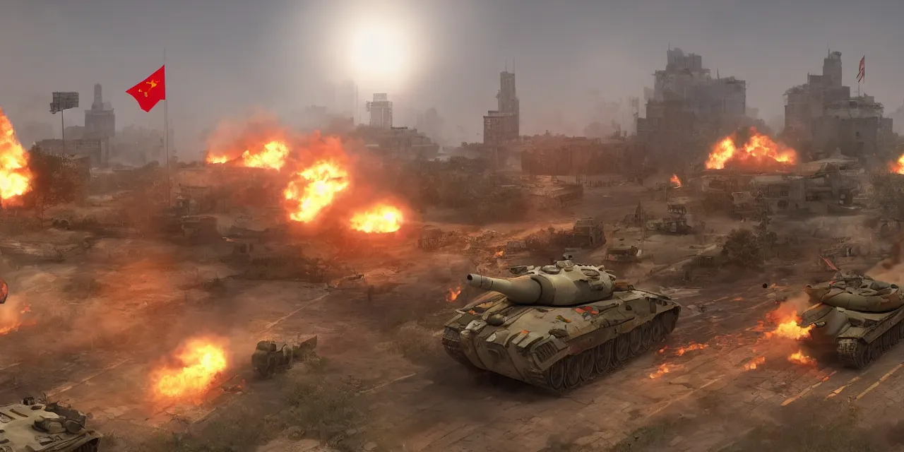 Image similar to tanks burning city, army, china, winnie the pooh, communist flag, volumetric lighting, unreal engine, realistic