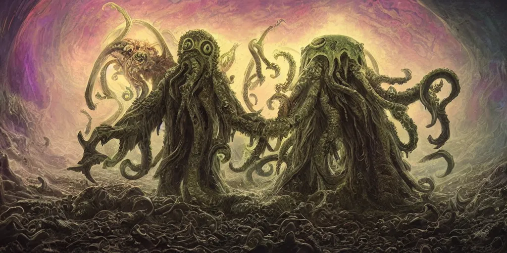 Image similar to portrait of necromancer priest in an invoking ritual in front of a giant cthulhu in a large landscape, intricate, elegant, glowing lights, highly detailed, digital painting, concept art, smooth, sharp focus, illustration, wide - angle portrait, atmospheric lighting, rich deep colors masterpiece, fractal crystals