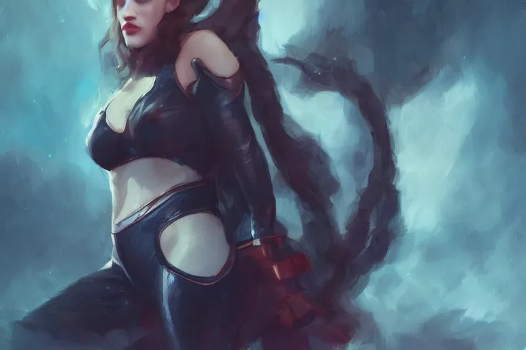 Image similar to A portrait of a Kat Dennings striking a heroic pose in a small leotard wide angle Ruan Jia and Mandy Jurgens and Artgerm and william-adolphe bouguerea, highly detailed, trending on artstation, award winning, H 768