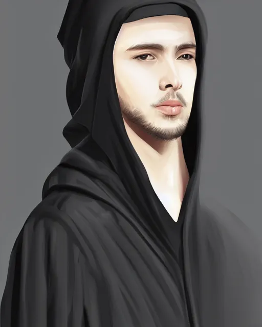 Prompt: digital art portrait of a young man in dark robes, hooded, made by WLOP, WLOP