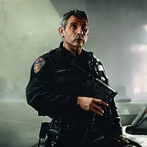 Image similar to film still blade runner with officer Deckard played by Viktor Orban