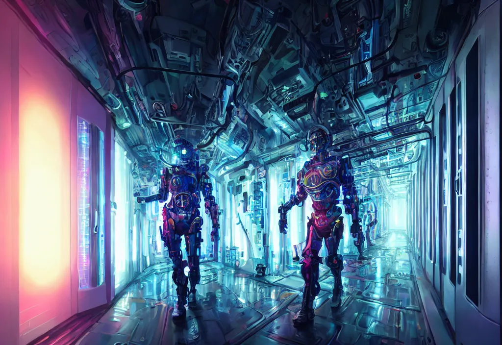 Prompt: art by finnian macmanus, shot of film cyborg walking in server room in data center, character design, vivid color, extreamly detailed, detailed, high quality, composision, trending on artstation, volumetric lighting, dramatic lighting
