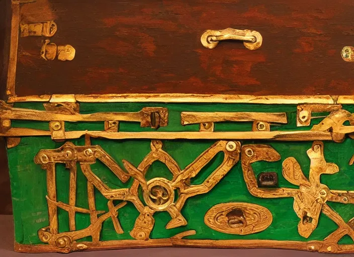 Prompt: A painting of a wooden pirate treasure chest, the chest is open, there are thousands of coins inside and also jewels and a magnificent emerald, oil on canvas