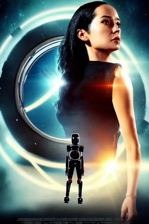 Image similar to a movie poster of the sci - fi movie time runner ( 2 0 1 8 ), starring a black haired woman in a tank top, very detailed face, robots, clouds, mystery