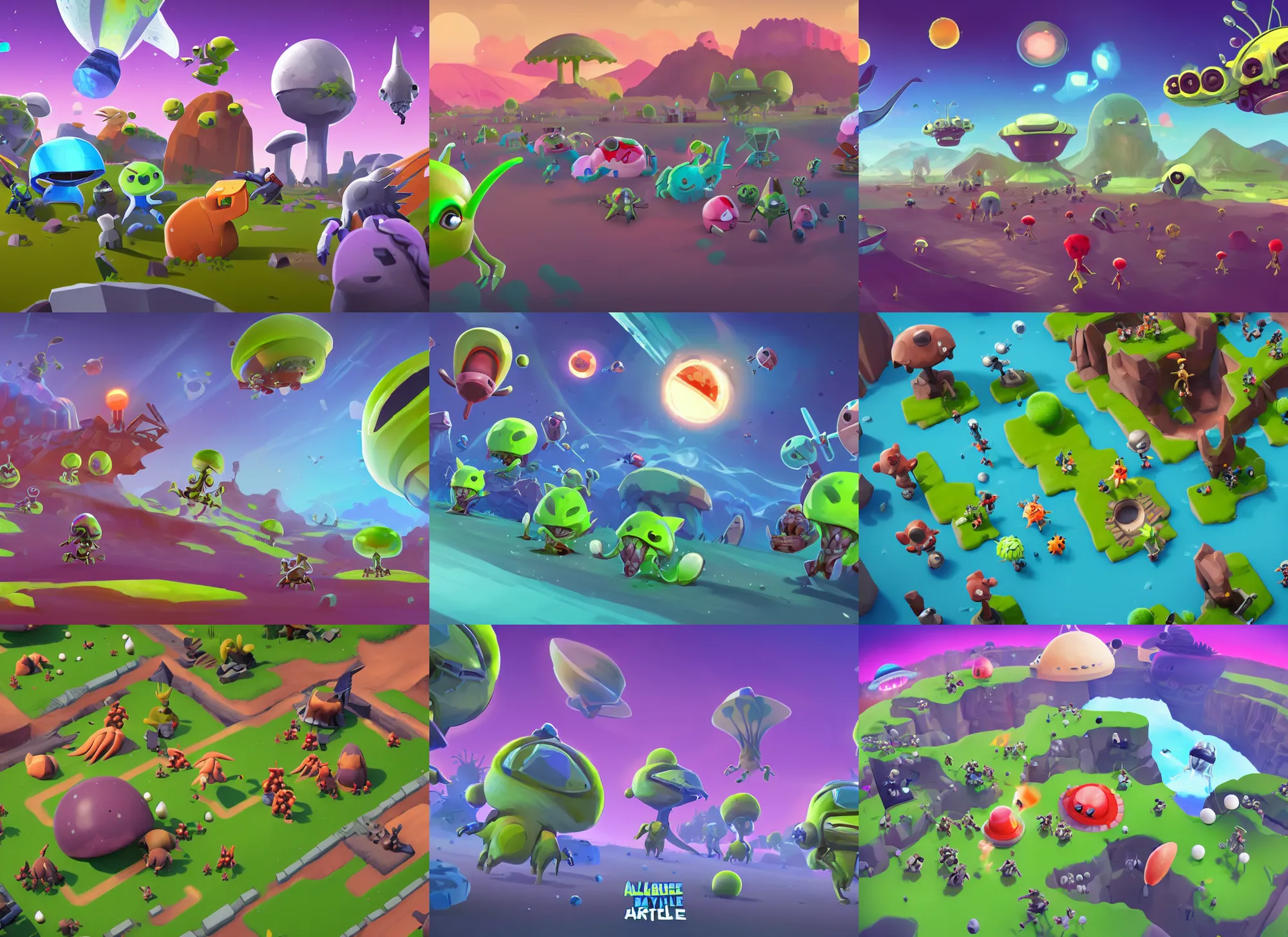 Prompt: a landing scene for mobile battle royale game about alien cute little animals that land on a planet with different biomes, craters, alien capsules, bushes in the visual style of Spore and Brawl Stars, start of the match, full team, 3rd person view, medium shot, concept art