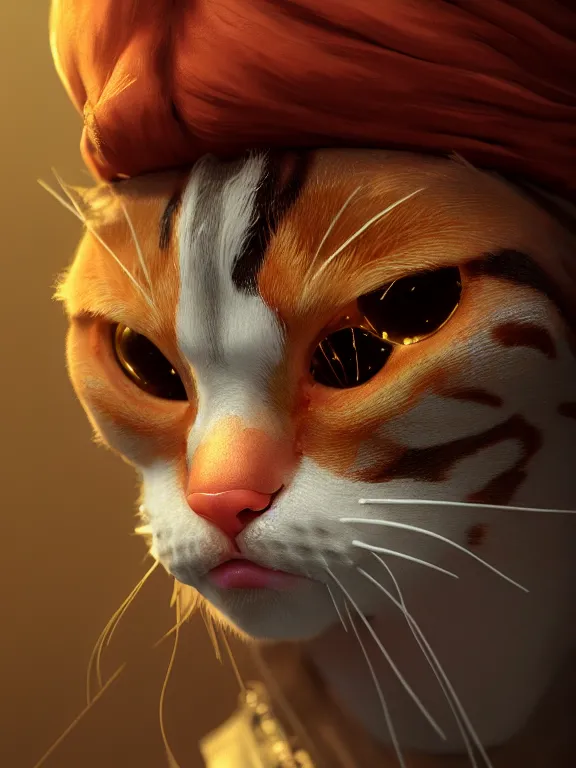 Prompt: detailed portrait of ginger pirate cat, hyper detailed, digital art, trending in artstation, cinematic lighting, studio quality, smooth render, unreal engine 5 rendered, octane rendered, art style by klimt and nixeu and ian sprigger and wlop and krenz cushart