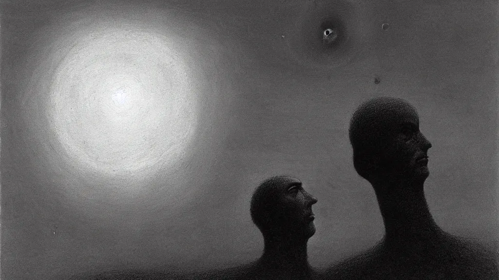 Image similar to close up of two men looking up the sky. the sky is totally black. art by zdzisław beksinski