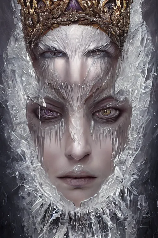 Image similar to Fantasy character portrait of distorted detailed painting of a queen woman made of ice, hyper detailed, trending on Artstation