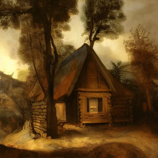 Prompt: Exterior view of a cabin in the woods by Rembrandt, oil on canvas, 4k, 8k