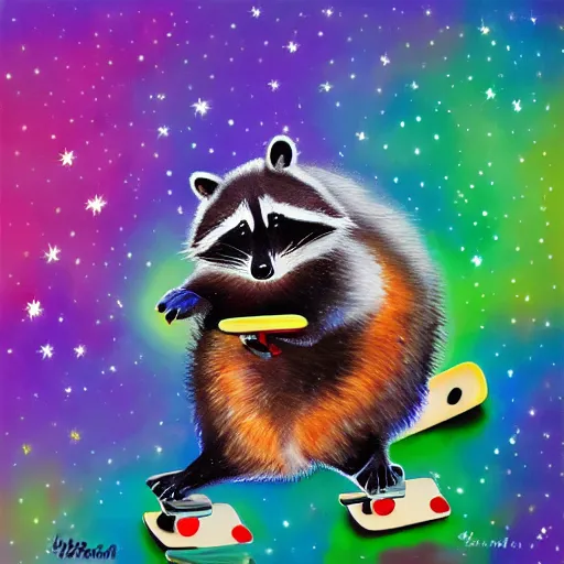 Image similar to fat raccoon skating through the cosmos, colorful, realistic, photorealism