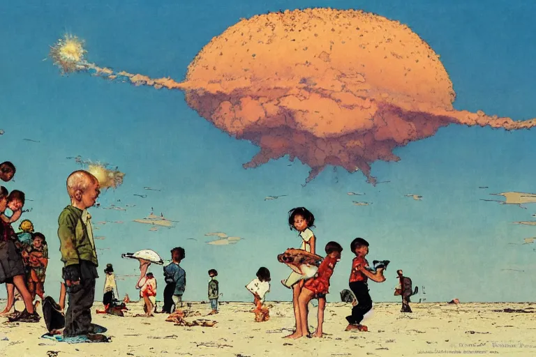 Image similar to children playing at empty beach, huge atomic explosion in the background, wide angle shot, oil on canvas by norman rockwell, by mattias adolfsson, by moebius and satoshi kon, hd, 4 k, high quality,