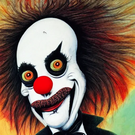 Image similar to tim burton and dr seuss dark surrealism painting of a clown., detailed, elegant, intricate, 4 k, renaissance painting