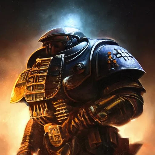 Image similar to closeup portrait of a space marine, dramatic lighting, city background, night, moon, chiaroscuro, high detail, painted by geoffroy thoorens, painted by igor sid, painted by raymond swanland, trending on artstation