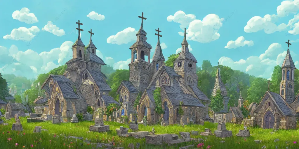 Prompt: Beautiful detailed high quality illustration of an old Slavic church, vivid small village on background, elegant cemetery on foreground, a lot of Slavic carvings and decor elements::vibrant summer, romantic mood, morning sunlight::art by Ghibli Studio, League of Legends, Arcane, Wild Rift, trending on artstation