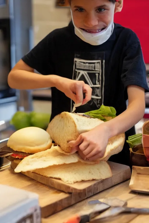 Image similar to a schoolboy in a Guy Fawkes mask makes sandwiches on the kitchen table