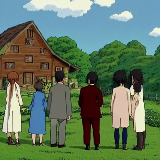 Image similar to STUDIO GHIBLI | a wedding at the farm, happy antropomorphic farm animals wearing wedding suits and robes, extended family, outside, mountain background, by Studio Ghibli, still picture, perfect movie shot, animation masterpiece, composition, frame