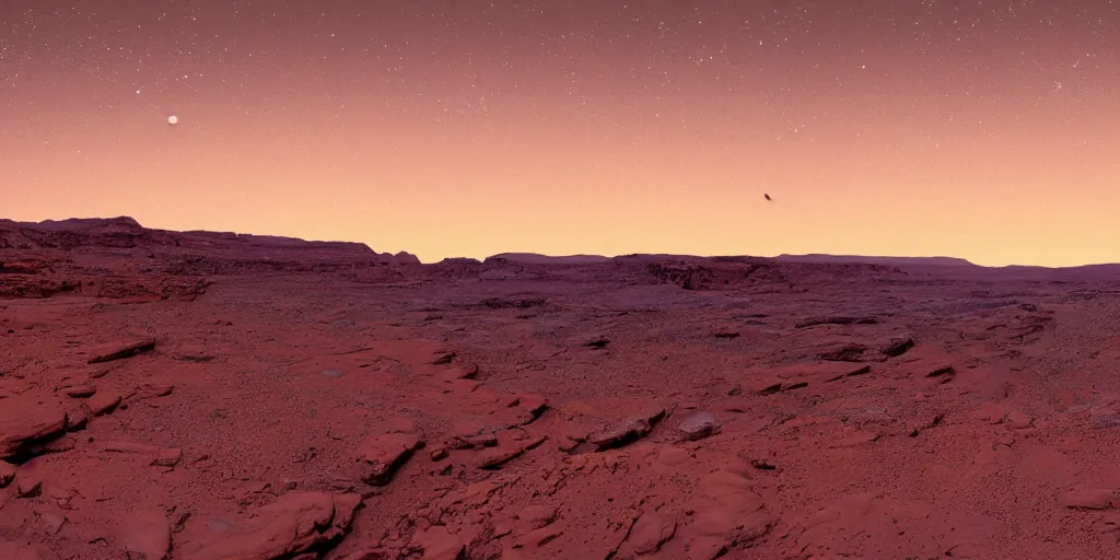 Image similar to a view looking out of a cave of a dried up river bend running through a canyon surrounded by desert mountains at sunset on mars, purple sky, two moons, planet mars, moab, utah, a tilt shift photo by frederic church, trending on unsplash, hudson river school, photo taken with provia, national geographic photo