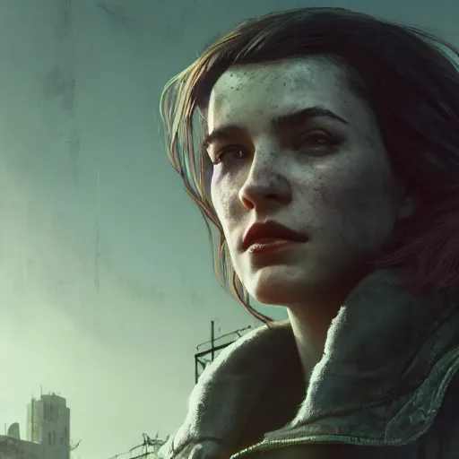 Image similar to fallout 5, charismatic beautiful rugged brunette female protagonist, portrait, outdoors ruined cityscape, atmospheric lighting, painted, intricate, volumetric lighting, beautiful, daytime, sunny weather, slight overcast, sharp focus, deep colours, ultra detailed, by leesha hannigan, ross tran, thierry doizon, kai carpenter, ignacio fernandez rios