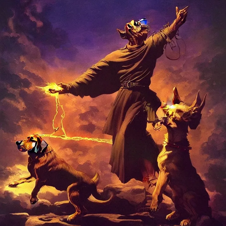 Prompt: dog wizard casting a magic spell, fantasy, majestic pose, dramatic lighting, cinematic scene, frank frazetta