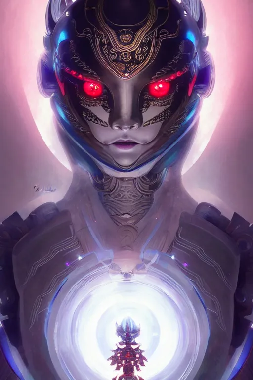 Image similar to asura from chinese myth, ghost, mecha, symmetrical. sci - fi, tech wear, glowing lights, intricate, elegant, highly detailed, digital painting, highly detailed, digital painting, artstation, concept art, smooth, sharp focus, illustration, art by artgerm and greg rutkowski and alphonse mucha