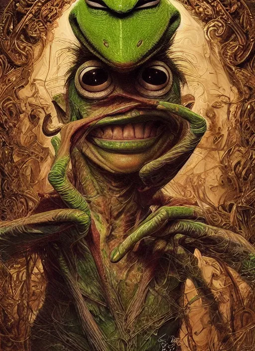 Prompt: portrait of a gaunt and diseased Kermit the frog, intricate, elegant, highly detailed, centered, digital painting, artstation, concept art, smooth, sharp focus, illustration, artgerm, donato giancola, Joseph Christian Leyendecker, WLOP, Artgerm