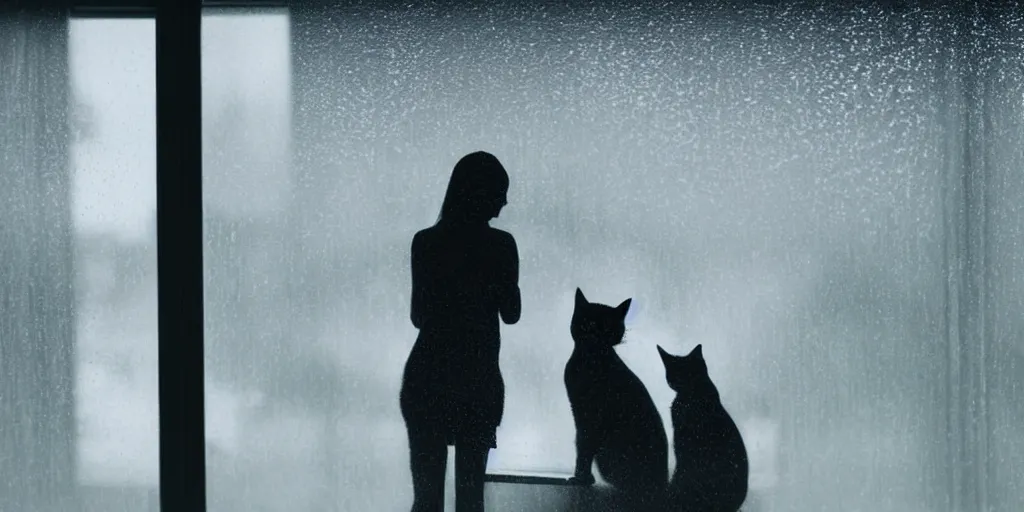 Image similar to silhouette of a girl and her cat, looking out a window on a rainy day, inside a cozy apartment, with a city view. atmospheric, moody, cozy, rainy day, backlit, multiple colors