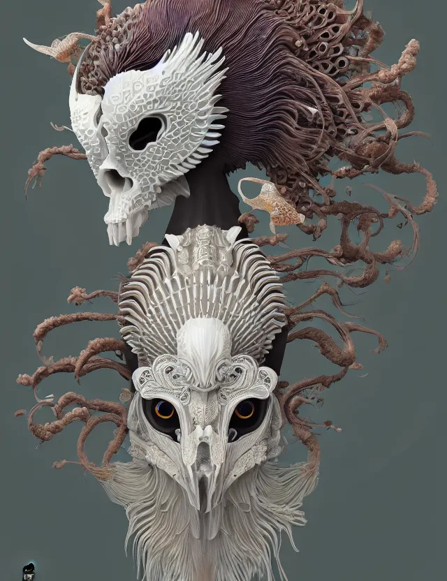 Image similar to 3 d goddess close - up profile solarpunk portrait ram skull. beautiful intricately detailed japanese crow kitsune mask and clasical japanese kimono. betta fish, jellyfish phoenix, bio luminescent, plasma, ice, water, wind, creature, artwork by tooth wu and wlop and beeple and greg rutkowski