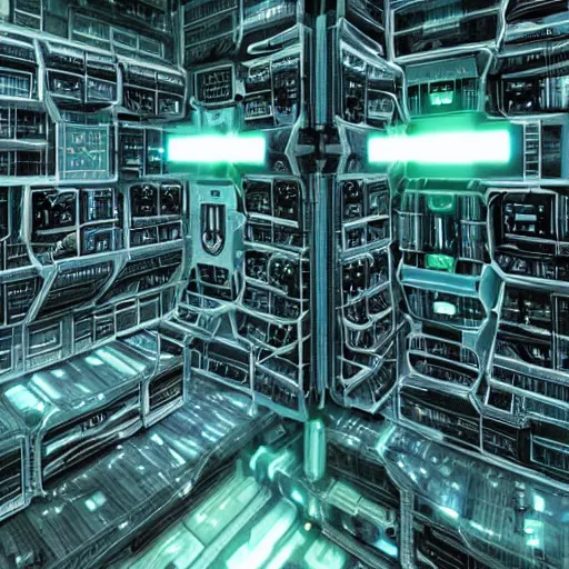 Prompt: a photo of several borg drones maturing in their alcoves inside a borg cube