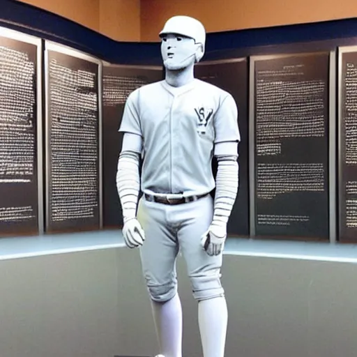 Image similar to “a realistic detailed photo of a guy who is an attractive humanoid who is half robot and half humanoid, who is a male android, baseball player Mike Trout, shiny skin, posing like a statue, blank stare, at a museum, on display”