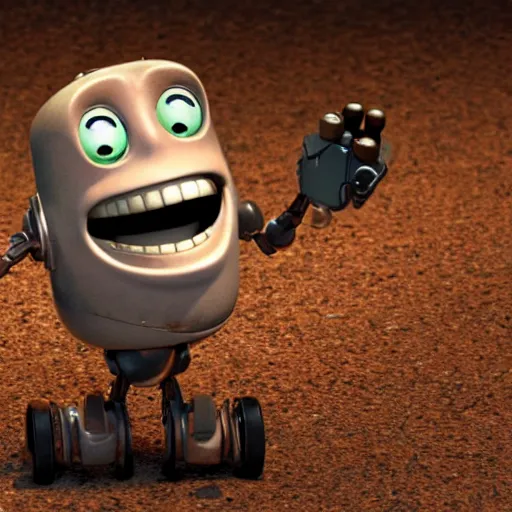 Prompt: figure of rusty bot on 3 wheels, smiling, lightbulbs as eyes, 3 d realistic, pixar esthetics, light tracing, 8 k