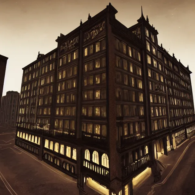 Image similar to action scene painting of a 1 9 2 0 s gothic style hotel in downtown boston, overlooking a dark street, architectural, atmospheric lighting, brooding, painted, intricate, ultra detailed, well composed, best on artstation, cgsociety, epic, horror, stunning, gorgeous, intricate detail, much wow, masterpiece, cinematic aesthetic octane render, 8 k hd resolution,