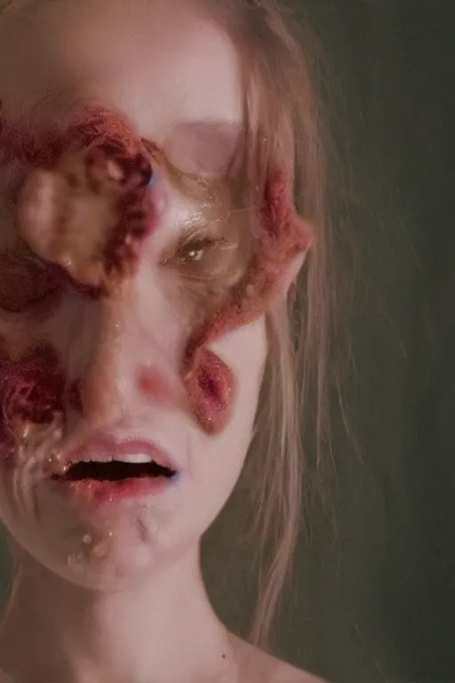 Image similar to portrait of a girl merge with parasite monster that mind control and lay eggs, still shot from movie