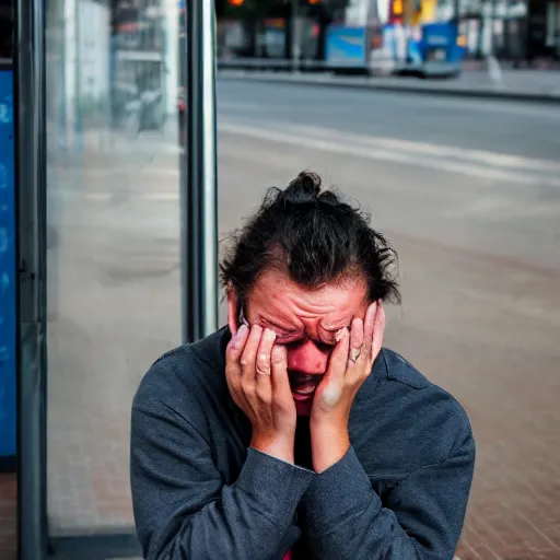 Prompt: A bogan crying because they missed the bus, Canon EOS R3, f/1.4, ISO 200, 1/160s, 8K, RAW, unedited, symmetrical balance, in-frame