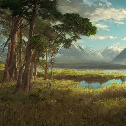 Prompt: concept art painting of a marsh swamp on top of a mountain above a forest, realistic, detailed, cel shaded, in the style of makoto shinkai and greg rutkowski and james gurney