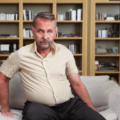 Image similar to full body photo of steve, mature male, mysterious face. he is sitting gracefully on a sofa, elegant slim beige shirt, tight shirt, big, firm, soft, bouncy belly