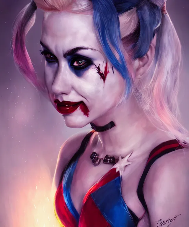 Prompt: harley quinn at the circus by charlie bowater and artgerm, portrait, intricate, face, carnival, elegant, beautiful, highly detailed, dramatic lighting, sharp focus, trending on artstation, artstationhd, artstationhq, unreal engine, 4 k, 8 k