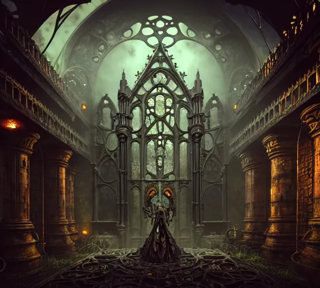 Image similar to steam necropolis, memento mori, gothic, neo - gothic, art nouveau, hyperdetailed copper patina medieval icon, stefan morrell, philippe druillet, ralph mcquarrie, concept art, steampunk, unreal engine, detailed intricate environment, octane render, moody atmospherics, volumetric lighting, ultrasharp, ominous, otherworldly