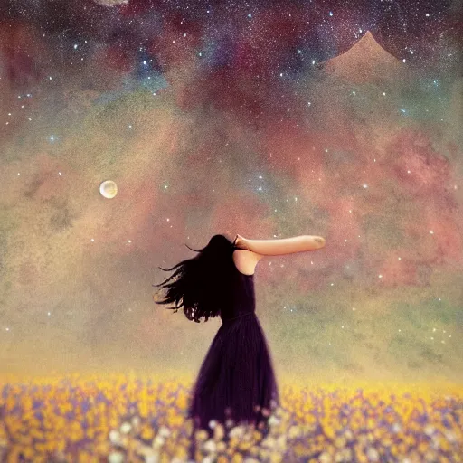 Prompt: breathtaking beautiful illustration of a girl standing in a field of wild flowers gazing up at night sky, stars and milky way and moon, extreme foreshortening, bottom - up perspective, perspective art, extreme angle, style of thomke meyer and julia plath, trending on artstation, ballpoint ultramarine and white