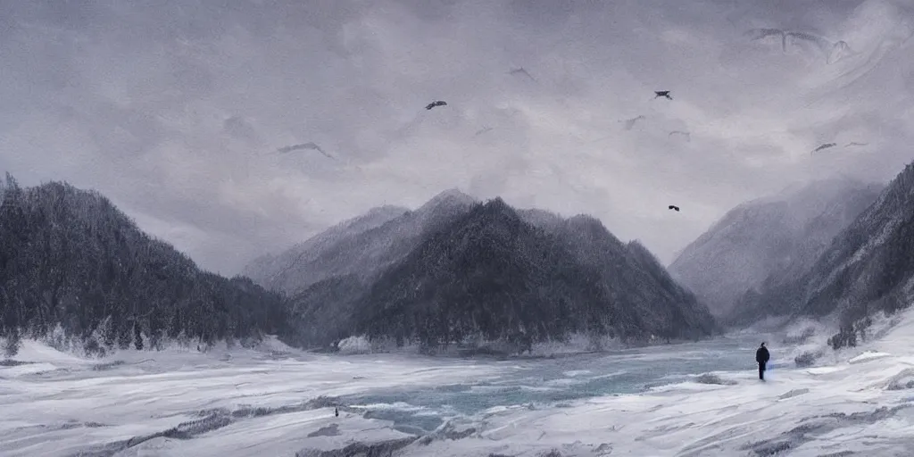 Image similar to A majestic landscape featuring a river, mountains and a forest. A small group of birds is flying in the sky. Harsh winter. very windy. There is a man walking in a deep snow.Camera is positioned behind the man. Cinematic, very beautiful, painting in the style of Lord of the rings