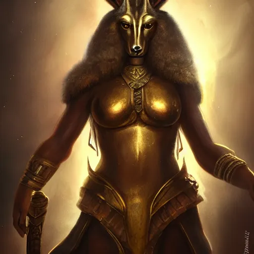 Image similar to Majestic gracious Anubis female warrior portrait, atmospheric lighting, painted, intricate, volumetric lighting, beautiful, rich deep colors masterpiece, golden hour, sharp focus, ultra detailed, by Leesha Hannigan, Ross Tran, Thierry Doizon, Kai Carpenter, Ignacio Fernández Ríos