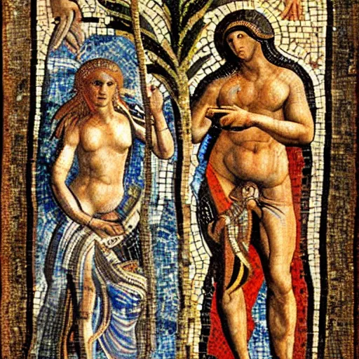 Image similar to a beautiful roman mosaic of adam, eve and the serpent by leonardo da vinci, rome, 1 5 0 0 ad