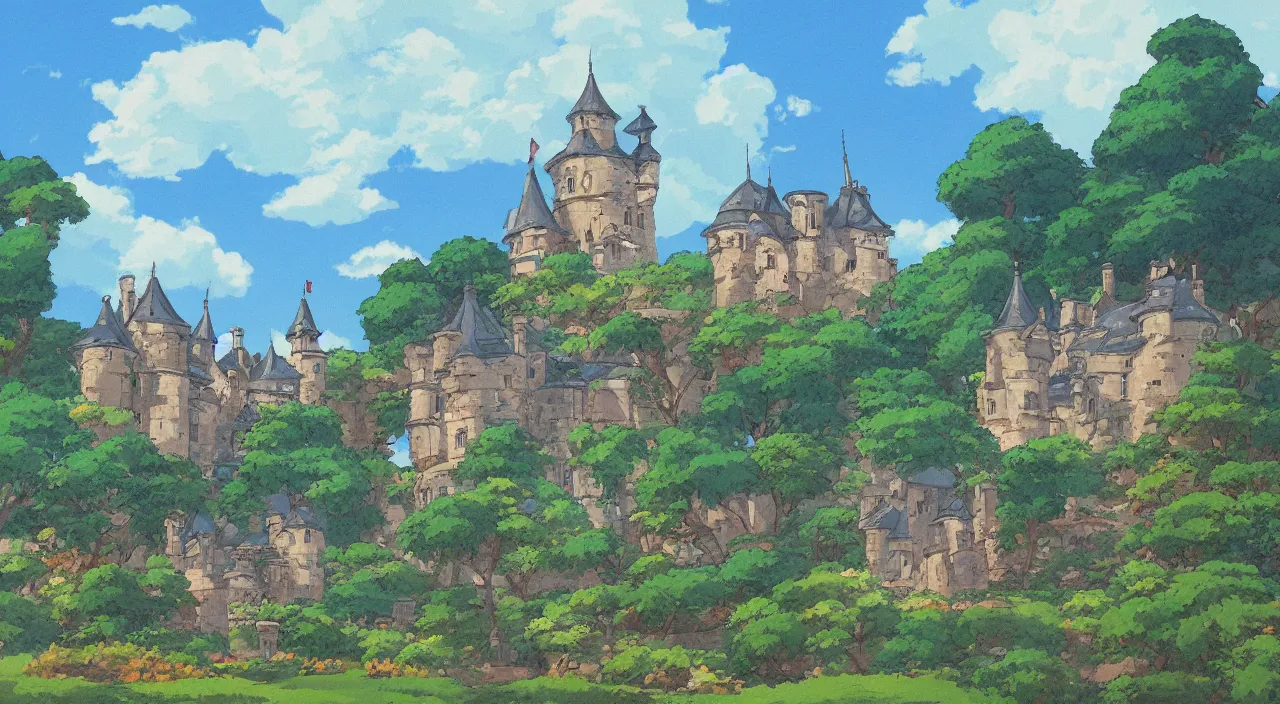 Image similar to a landscape painting of a French castle, with a square and garden, in the style of anime, by Studio Ghibli, trending on artstation