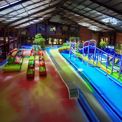 Image similar to empty indoor children's water park with water slides, night time, hazy, dream - like