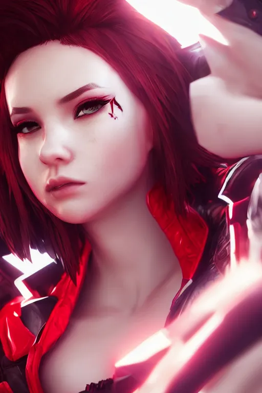 Prompt: a girl with short red hair, cool, vi from arcane, league of legends, fighter, cool red jacket, tattoo, beautiful, 3 d, potrait, art staion, studio light, closeup shot, octane render, wlop, realistic, neon