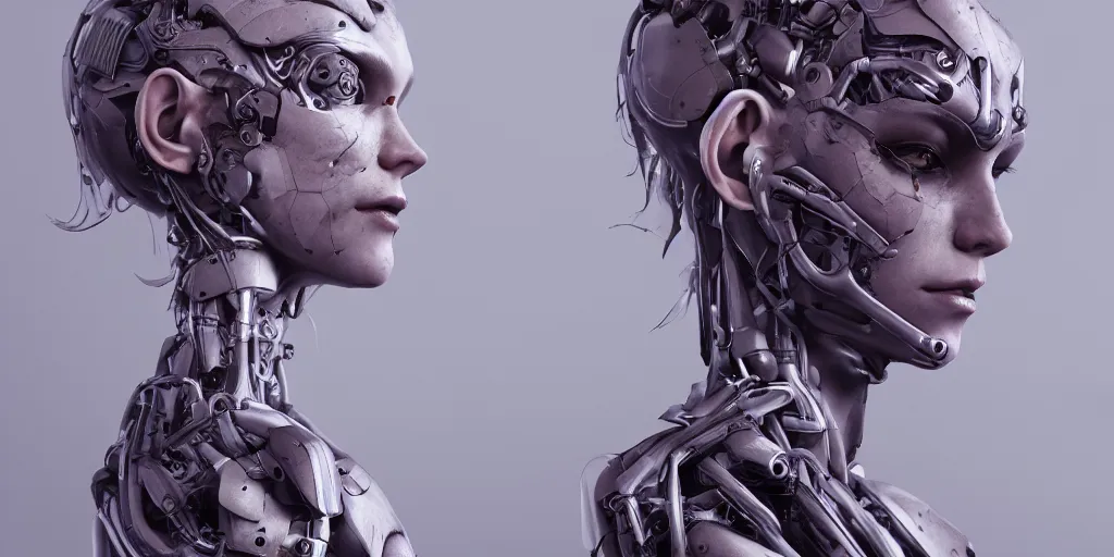 Image similar to photorealistic gorgeous symmetrical female cyborg, holding intimately, highly detailed, arms, knees, back, intricate, in the style of beth cavener, jin kagetsu, wlop, masterpiece, concept art, high key lighting, ambient lighting, octane render, 8 k, artstation