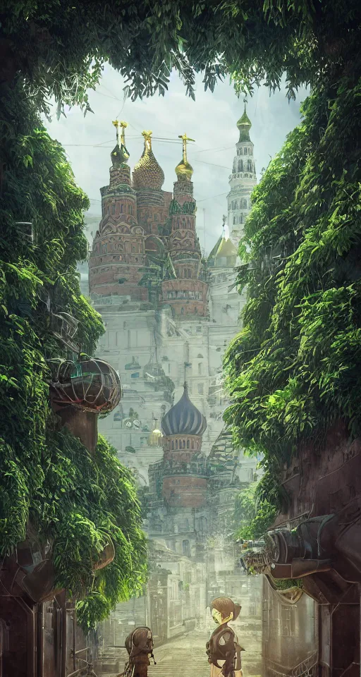 Prompt: Moscow Kremlin, dystopian, steampunk style, Miyazaki tekkonkintreet Teikoku Shounen style, amazing Traditional Japanese style, machinery and wires, lush vegetation and ferns, sun rays, octane render, trending on artstation, hyper detailed, cinematic